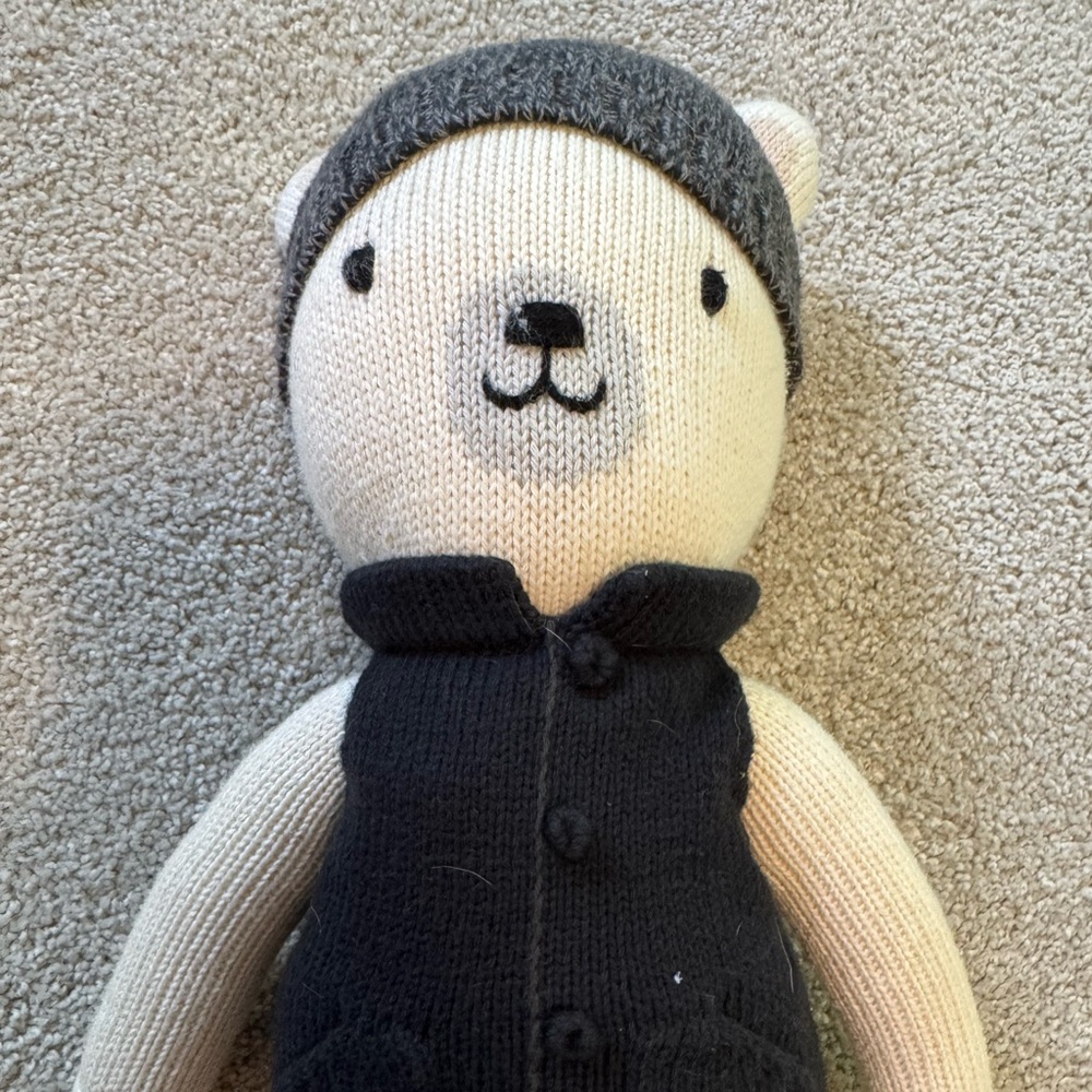 Cozy Knit Bear with Gray Hat and Black Vest